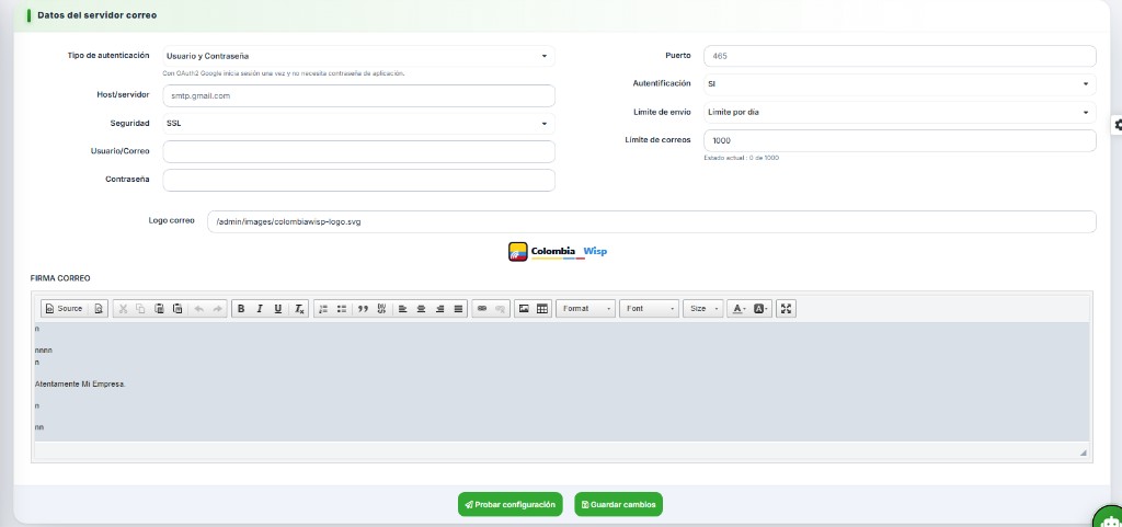 Formulario de datos del servidor de correo