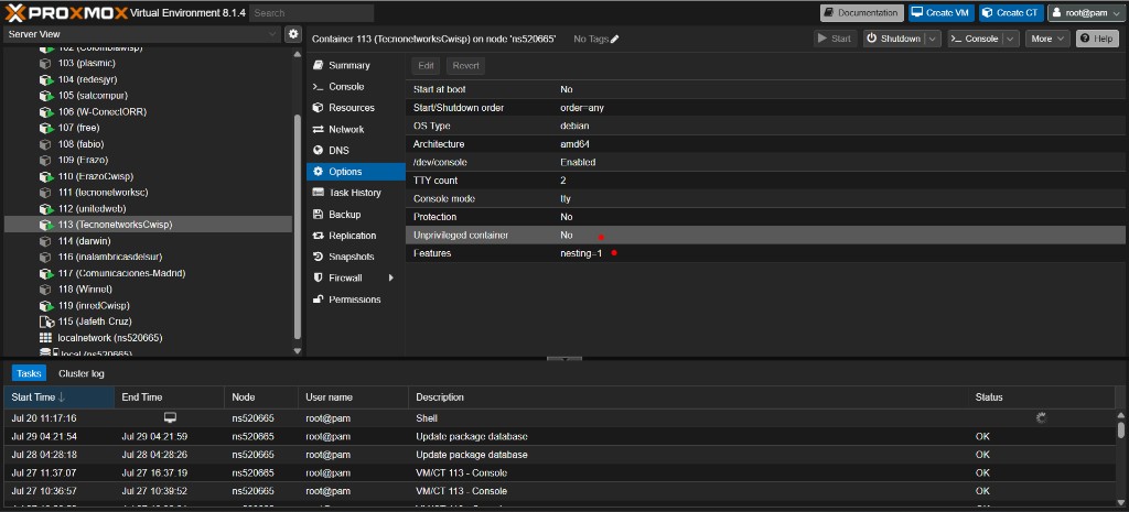 Opciones del contenedor LXC en Proxmox: contenedor privilegiado y nesting activado