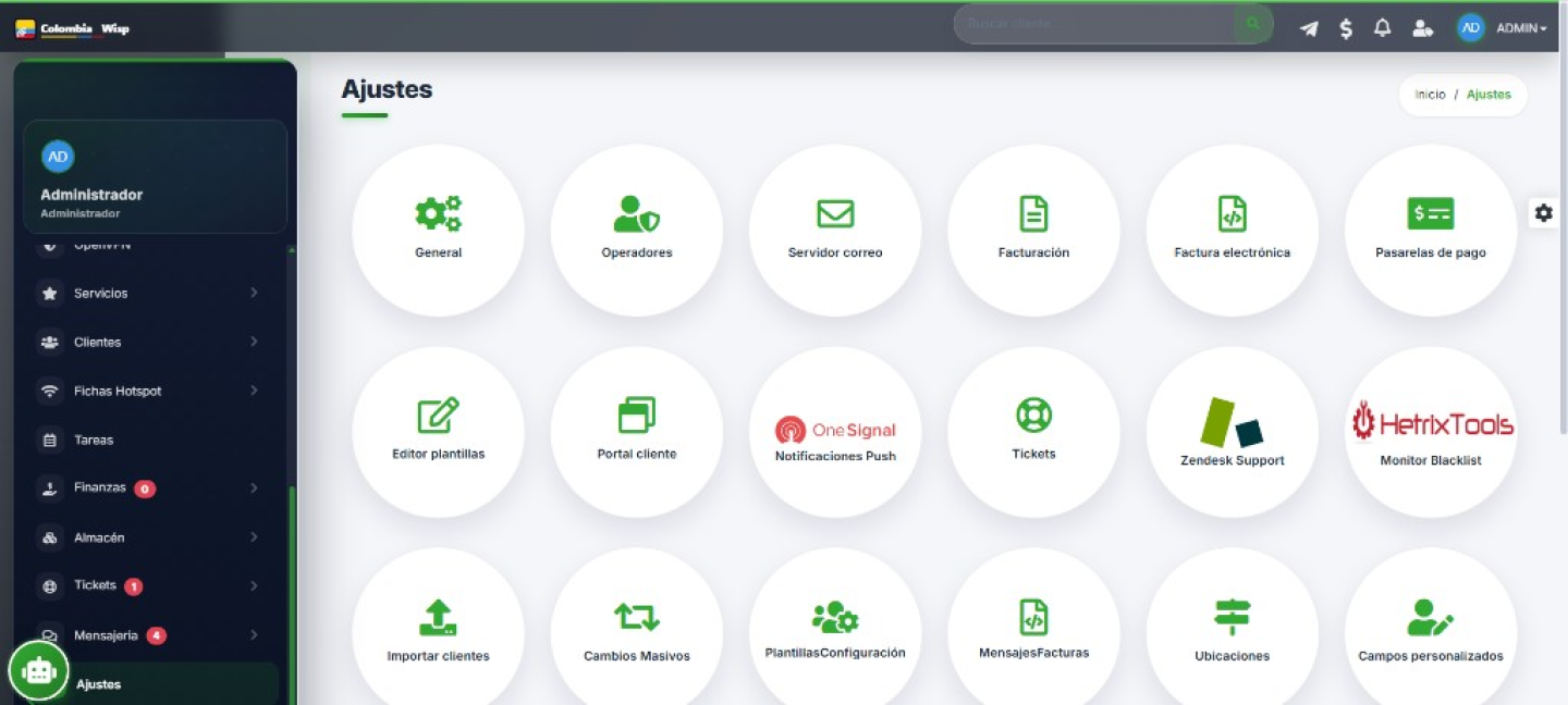Ajustes y configuración central de ColombiaWISP